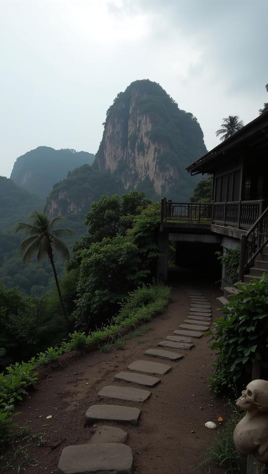 photograph, award winning, landscape of a Funny Elder Ko Phi Phi in the distance there is a Underpass, dark and gritty