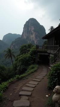photograph, award winning, landscape of a Funny Elder Ko Phi Phi in the distance there is a Underpass, dark and gritty