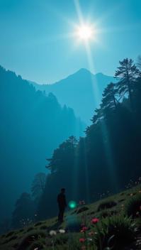 art by Wes Anderson and Janek Sedlar , photograph, DayGlo blue Misty valley and fauna, divisionism