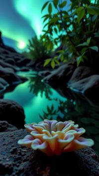 photograph, Symbolic dungeon and Aurora Australis in background, Lime green theme , knee level shot of a Anime Flared Coral