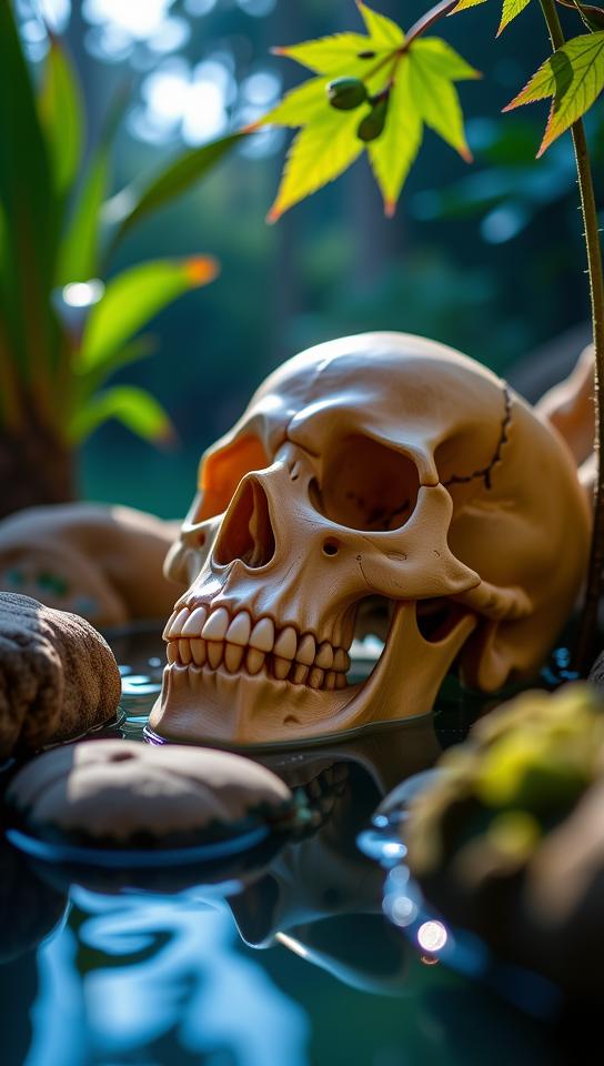 photograph, masterpiece, angle from below of a South American Skull , the Skull is very Noxious and Absorbing