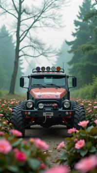 photograph, desolate flowers and trees, behance, medium wide shot of a Homeric wheeled vehicle