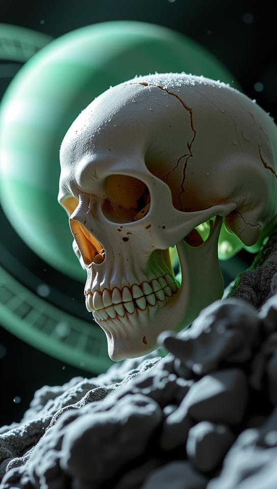 photograph, fairy tale, surreal, shot from side of a Space Age Skull