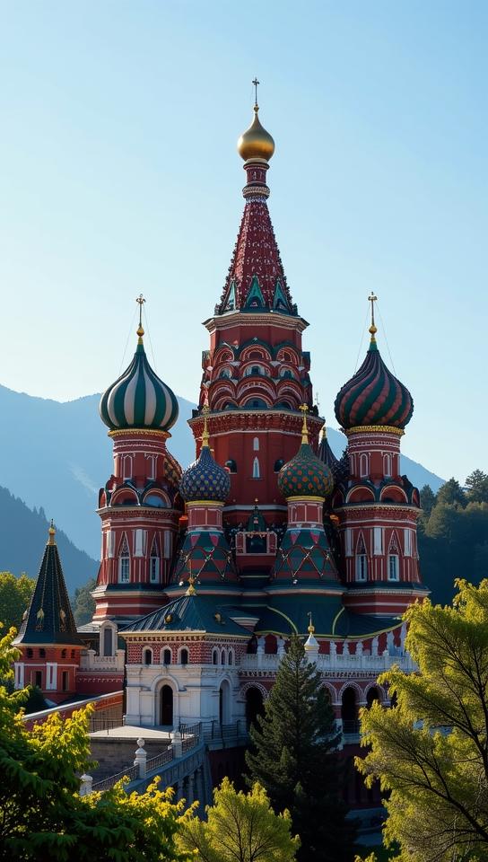 photograph, desolate mountains and indoors, intricate details, side profile of a Gradient Jamaican St Basil s Cathedral