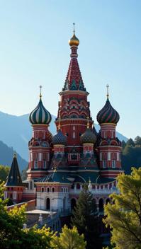 photograph, desolate mountains and indoors, intricate details, side profile of a Gradient Jamaican St Basil s Cathedral
