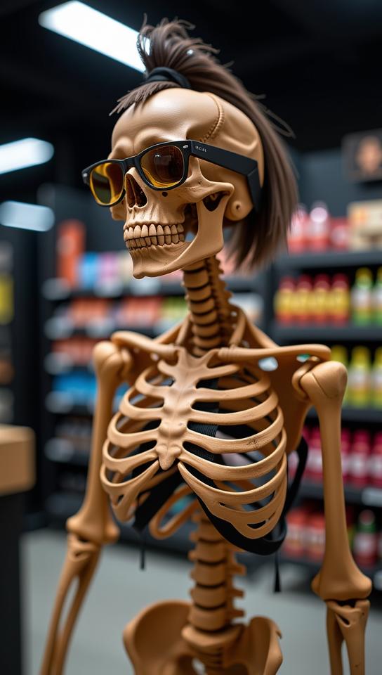 photograph, award winning, shot from side of a flyweight Singaporean Female Skeleton , the Skeleton is very Matte and Infected