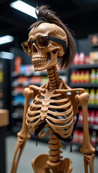 photograph, award winning, shot from side of a flyweight Singaporean Female Skeleton , the Skeleton is very Matte and Infected