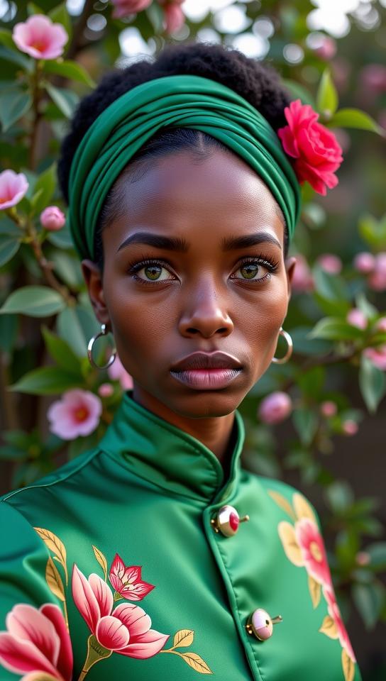 photograph, Green theme , selfie of a Shorty Offensive fit traditional Rasta Female Cyclops , the Cyclops is Vlogging