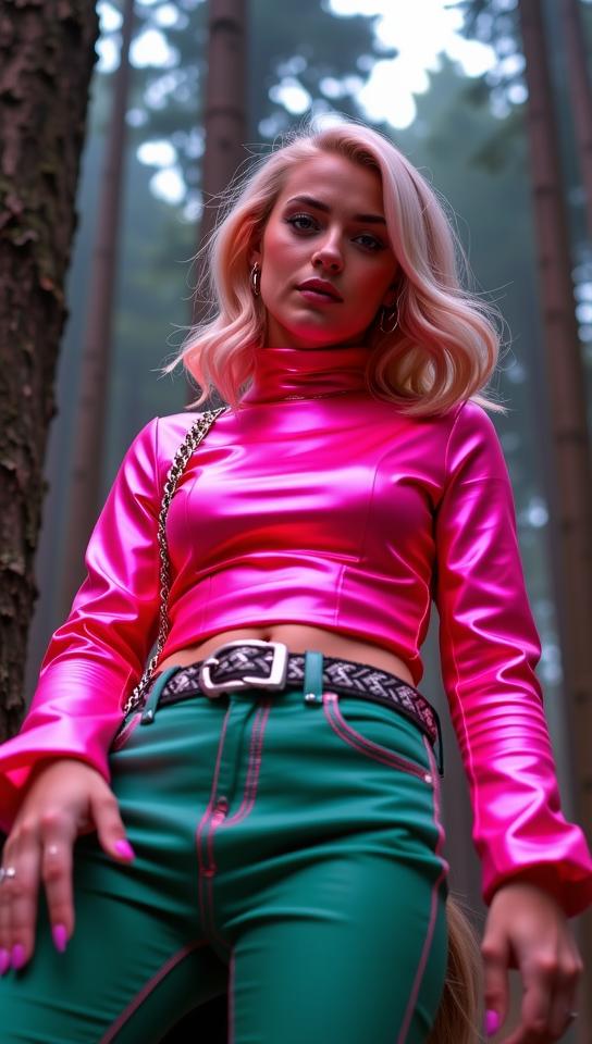 by Hedi Slimane , photograph, flawless, low angle shot of a dressed in a very Cybergoth Fashion DayGlo green Syrian Gems Jeans