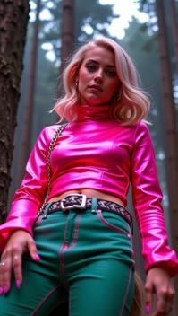 by Hedi Slimane , photograph, flawless, low angle shot of a dressed in a very Cybergoth Fashion DayGlo green Syrian Gems Jeans
