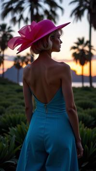 designed by Philip Treacy and Signe Vilstrup and Jeanloup Sieff , photograph, electric pink theme , shot from behind of a Daring Paradoxical fit Bauhaus Female Time Lord Valkyrie