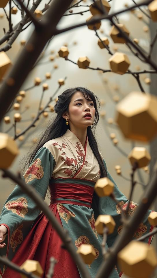 photograph, best quality, Landscape of a S Seraphic thin traditional Chinoiserie Female Shade , she is surrounded by Dodecahedrons
