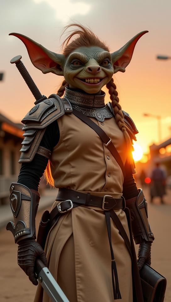 photograph, fairy tale, establishing shot of a dressed in a very Stupid Beige Chinoiserie Nylon elegant outfit, Casual Conversational buxom Inuit Female Gremlin Gunnery Sergeant