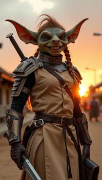 photograph, fairy tale, establishing shot of a dressed in a very Stupid Beige Chinoiserie Nylon elegant outfit, Casual Conversational buxom Inuit Female Gremlin Gunnery Sergeant