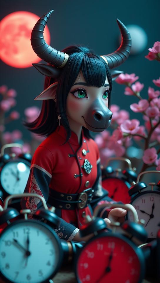stylized by Constantin Joffe and Signe Vilstrup and David Sims , photograph, Terror, eye level shot of a tiny Chinese Female Minotaur