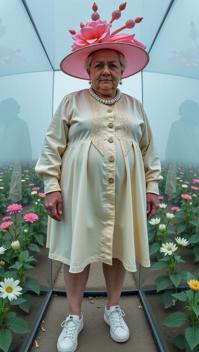 by Philip Treacy , photograph, Rule of Thirds, full body shot of a chubby Hip Hop Blood mage Female Frost giant