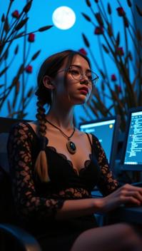 photograph, elegant, low angle shot of a dressed in a very Potent dark black Corsican Brass and Amber Pendants Lace top, Honest Spellbinding athletic Disco Era Female Banshee Jazz Musician