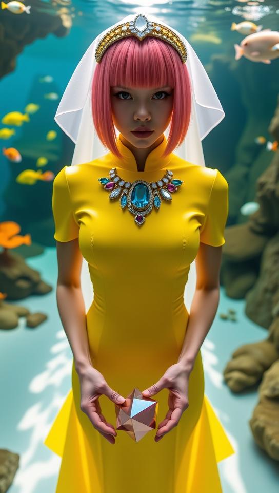 designed by Rick Owens and Peter Lindbergh , photograph, behance, top down view of a dressed in a very Energetic DayGlo yellow Swiss Plastic Sheath dress with a jewel neckline