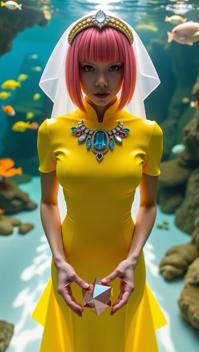 designed by Rick Owens and Peter Lindbergh , photograph, behance, top down view of a dressed in a very Energetic DayGlo yellow Swiss Plastic Sheath dress with a jewel neckline