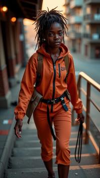 photograph, award winning, close up shot of a Supernatural Harsh small Ethiopian Female Martian , the Martian is Walking down a stairs