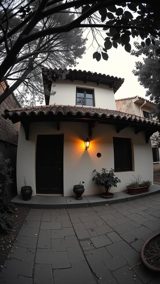 photograph, Altermodern, Gray theme , Dutch angle shot of a Mexican Townhouse