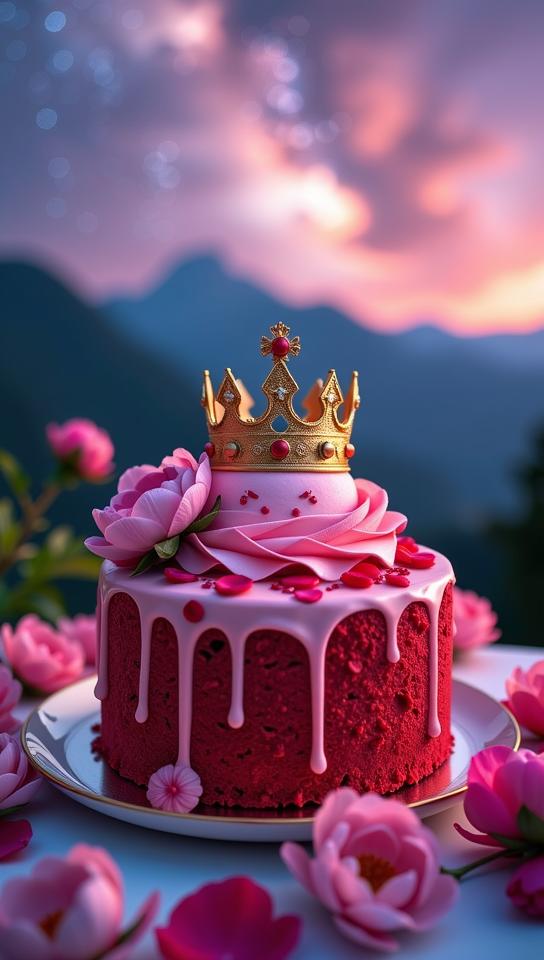 designed by Kazuki Takamatsu and Rosa Bonheur and Peter Wileman , photograph, masterpiece, high angle shot of a Crowned Gritty Golden Age red velvet cake