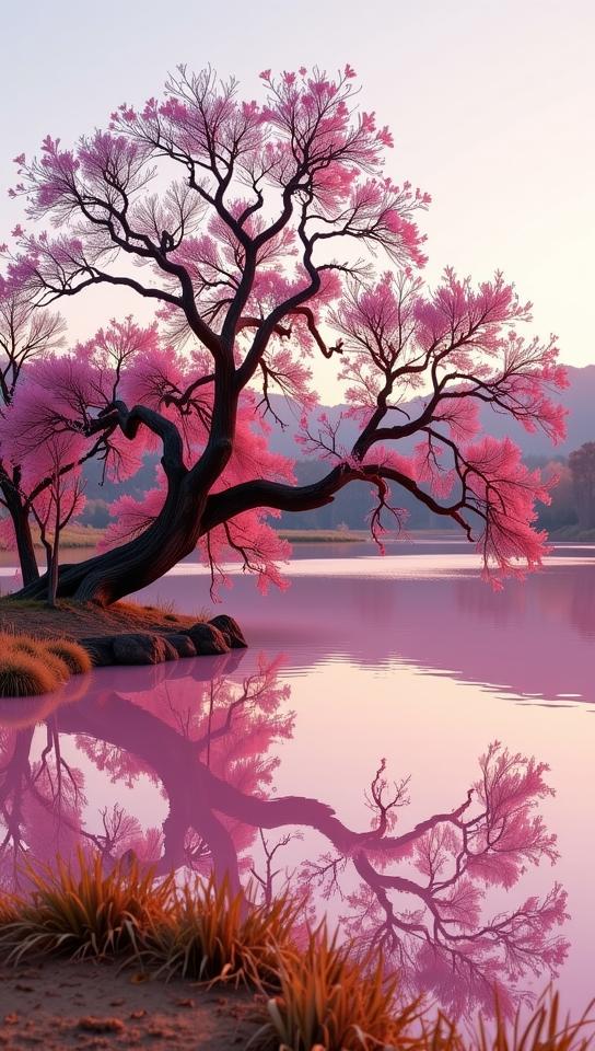 photograph, Pink pond with Oak tree, concept art, cinematic shot of a Fantastical Supernatural I Dream of Genie