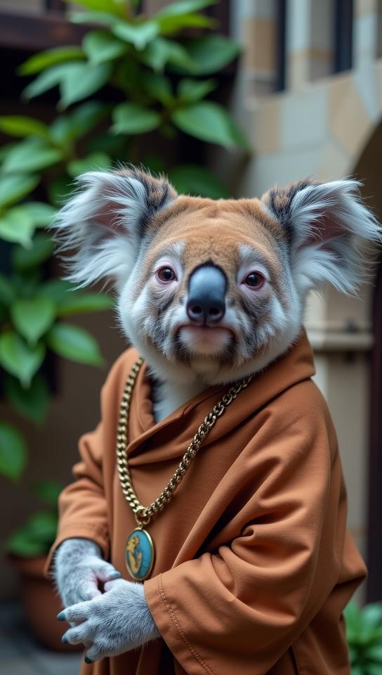 stylized by H N Werkman and Joe Petagno and Paul Fusco , photograph, cinematic atmosphere, Aerial View of a Respected Elevated tiny Jamaican Koala Diplomat