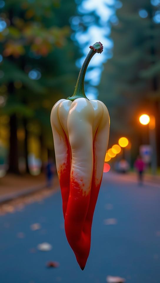 photograph, insane details, wide shot of a Frail Conceptual Red, Gold and Cream Art Nouveau long pepper