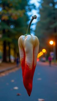photograph, insane details, wide shot of a Frail Conceptual Red, Gold and Cream Art Nouveau long pepper