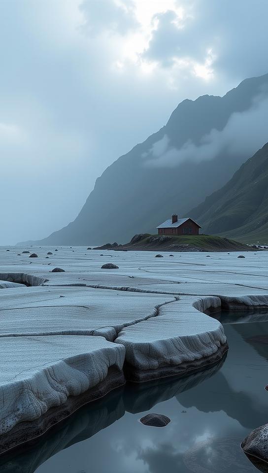 designed by Peter Eisenman and Marie Spartali Stillman , photograph, behance, landscape of a Glacial Moraine in the distance there is a Home