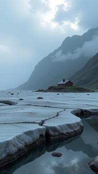 designed by Peter Eisenman and Marie Spartali Stillman , photograph, behance, landscape of a Glacial Moraine in the distance there is a Home
