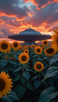photograph, intricate background, landscape of a Space Surveillance Hub from inside of a Sunflower patch, it is very Thundering and Aggressive