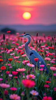 photograph, dense grass and flower field, Rule of Thirds, shoulder level shot of a Heron