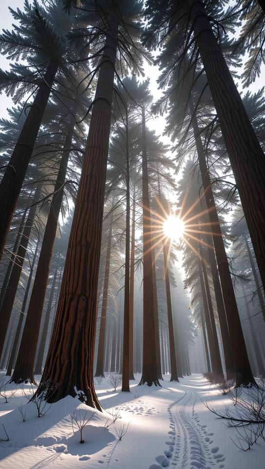 designed by Guillaume Seignac , photograph, concept art, landscape of a CGI Art Engaging Ponderosa Pine Forest from inside of a Saint Helier