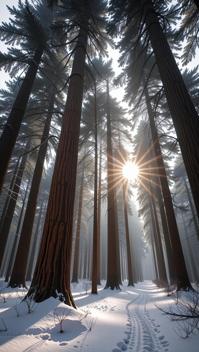 designed by Guillaume Seignac , photograph, concept art, landscape of a CGI Art Engaging Ponderosa Pine Forest from inside of a Saint Helier