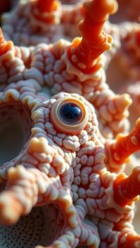 art by Miho Hirano and Billy Childish , photograph, appealing, extreme close up shot of a Rude Engaging Coral of Skill with herringbone skin
