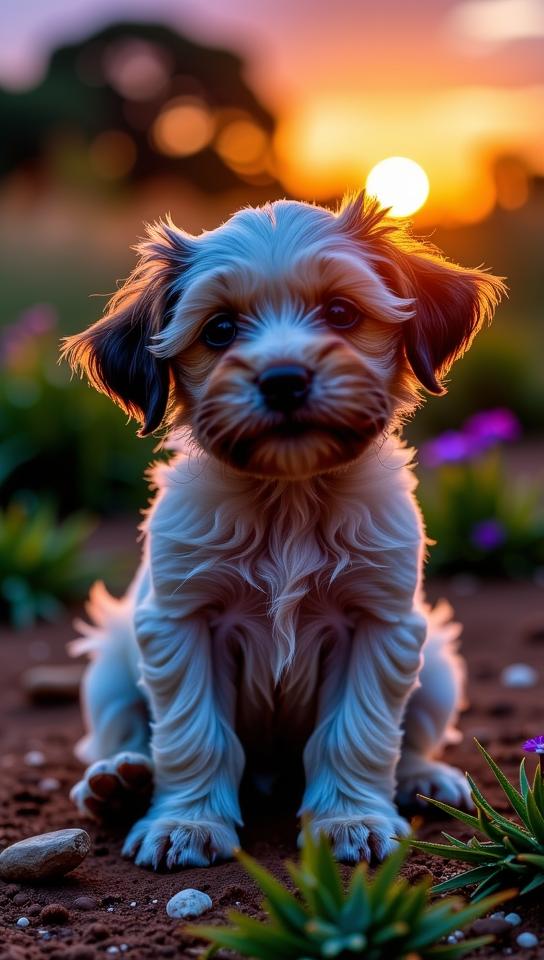 photograph, surreal, Aerial View of a Creepy Deteriorating hybrid Maltese Puppy , summer background