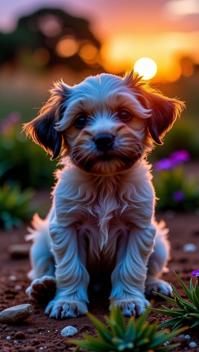 photograph, surreal, Aerial View of a Creepy Deteriorating hybrid Maltese Puppy , summer background