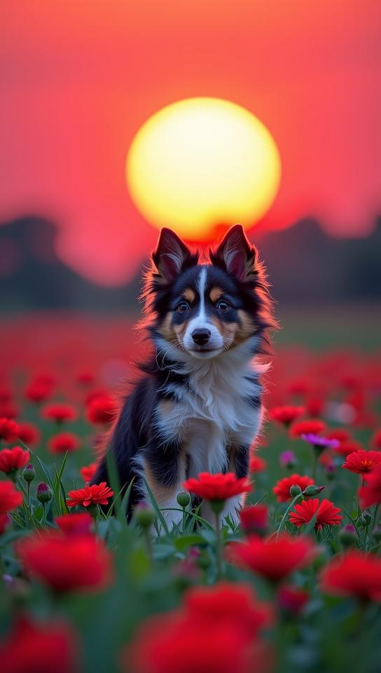 designed by Uemura Shoen , photograph, stylized, cinematic shot of a Fantastical Quaint Collie Puppy of Peace