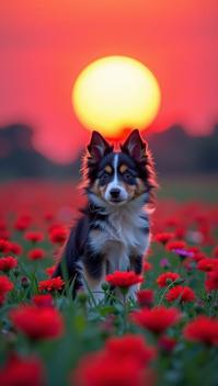 designed by Uemura Shoen , photograph, stylized, cinematic shot of a Fantastical Quaint Collie Puppy of Peace