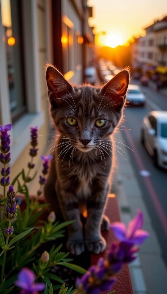photograph, Rule of Thirds, birds eye view shot of a Unconventional Aggravated Russian Blue Kitten with Holistic parts, from inside of a Fresh Guesthouse