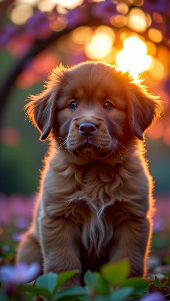 photograph, Light sparkles, extreme wide shot of a Muted Jade, Terracotta and Beige baby Newfoundland Puppy