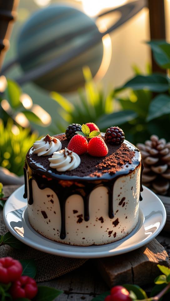 photograph, stylized, aerial shot of a Mushroomy Deteriorating Tovarisch black forest cake , it is made from Jute