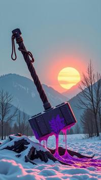 photograph, stylized, Studio shot of a Eye catching Tremendous The theft of Thor s hammer by the giant Thrym , mountains and Alder background