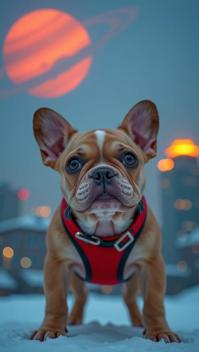 designed by George Biddle , photograph, surreal, extreme wide shot of a French Bulldog Puppy