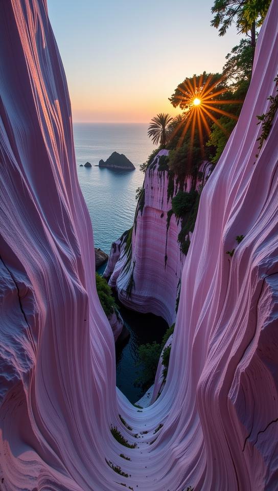 photograph, Romantic, landscape of a Narrow Paradoxical White and Lavender Canyon and Rickety traditional Techno Runestone, Magical beach in background