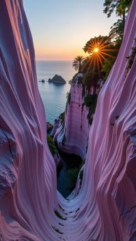 photograph, Romantic, landscape of a Narrow Paradoxical White and Lavender Canyon and Rickety traditional Techno Runestone, Magical beach in background