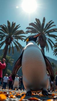 photograph, intricate details, angle from below of a Inspired Revolting Emperor Penguin of Celebration , detailed Substantive background