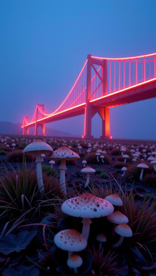 designed by George Bush and Bruce Coville , photograph, dense field with Wild mushroom patch, amateur